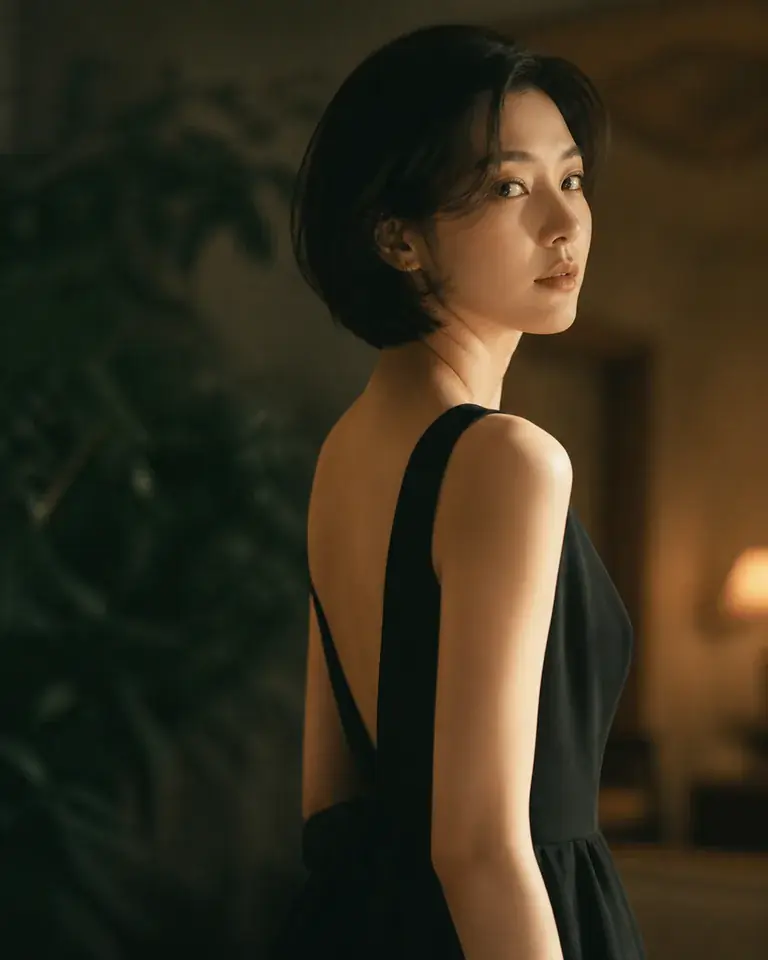 暖色电影光线下回望镜头的短发女性肖像
