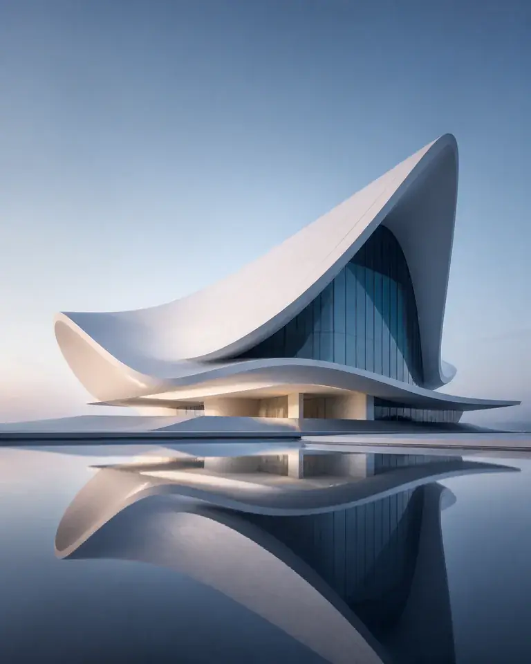 倒映在水面上的白色流线型未来文化建筑